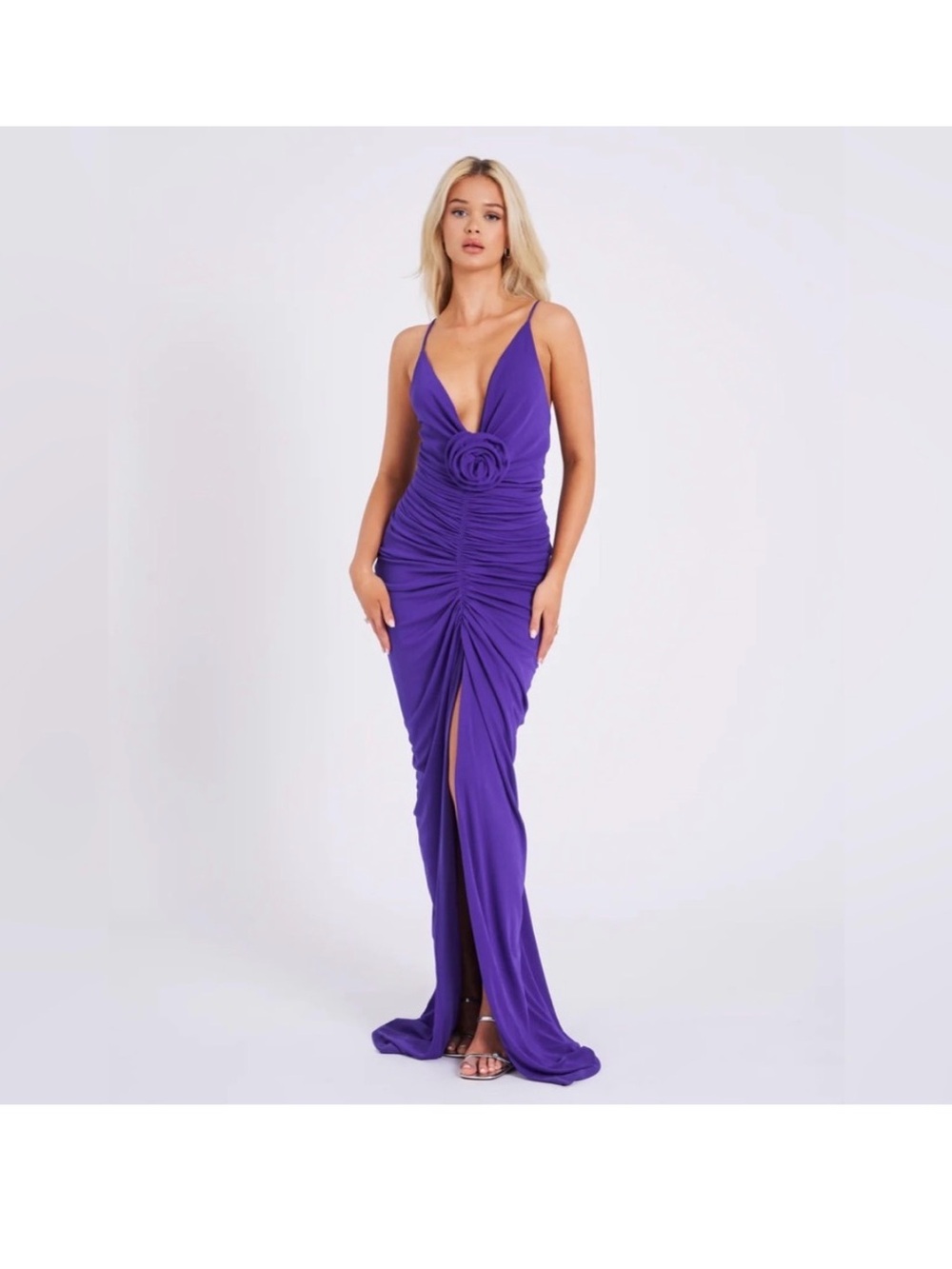 Plunge Neck Ruched Evening Gown in Violet